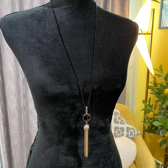 NWOT Banana Republic black beaded tassel statement necklace - Picture 1 of 4